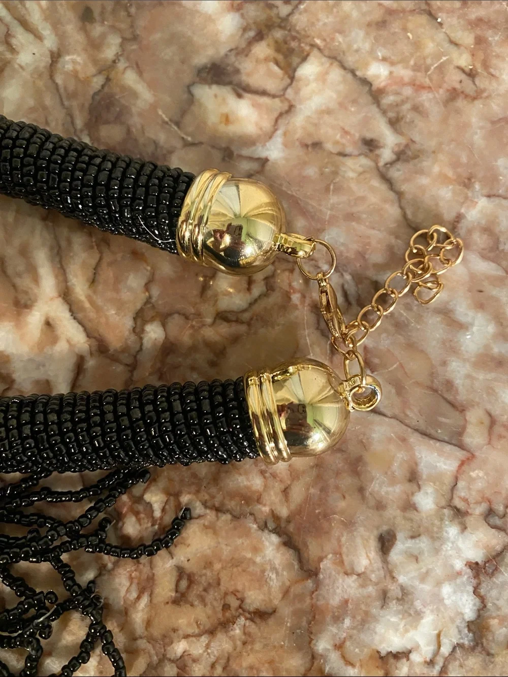 Black Beaded Tassel Statement Necklace Long Fringe Gold Tone